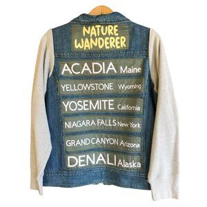 Upcycled Denim Jacket, Size M: Nature Wanderer Patches, Waffle Knit Sleeves